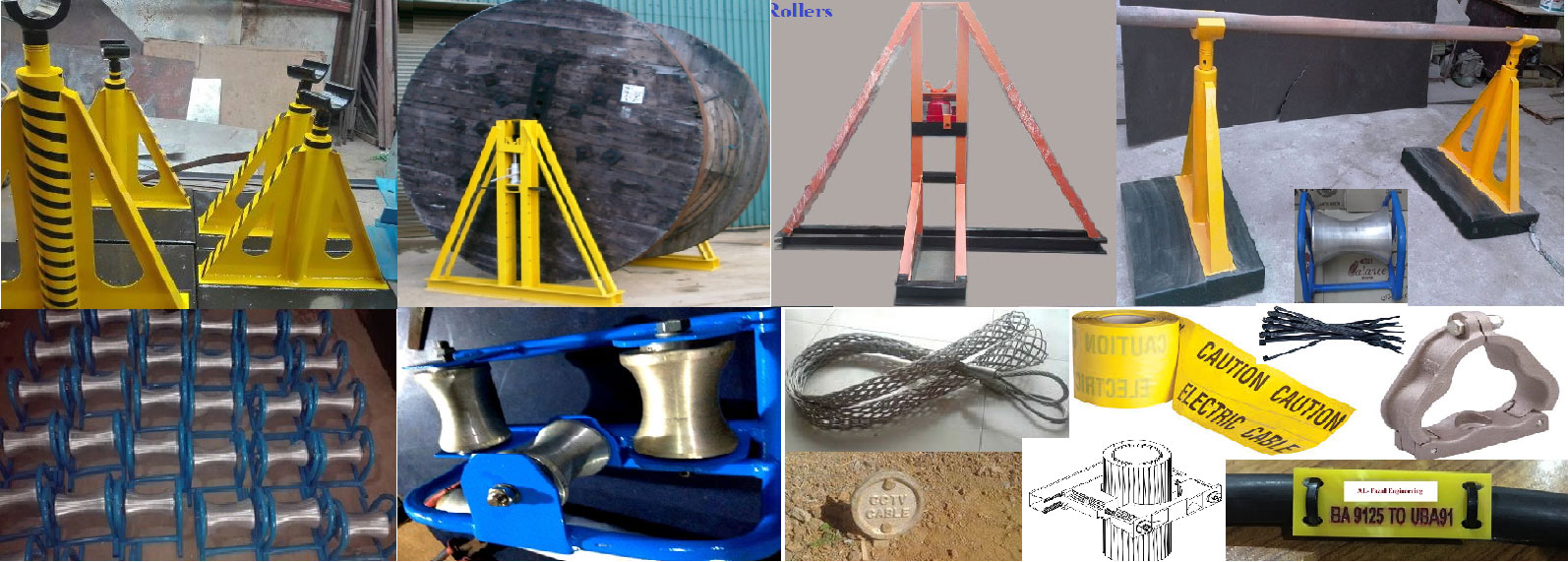 Caution Tape, Unistrut channel and cable mesh, cable tags, underground route markers, cable termination, cable glands, cable Lugs, cable identification, conduit pipe, conduit end bush and panels, DBs, cable clamps, conduit clamps, cable clamps, earth rod, earth plate, copper, earth pit, threading rod, cable drum jack, rollers, overhead line tower, solar poles