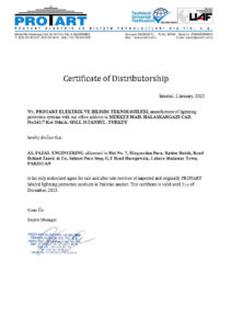 AL-FAZAL PROTART INTERNATIONAL DISTRIBUTORSHIP CERTIFICATE FOR EARTHING LIGHTNING MATERIAL