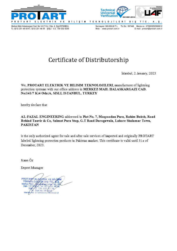 AL-FAZAL PROTART INTERNATIONAL DISTRIBUTORSHIP CERTIFICATE FOR EARTHING LIGHTNING MATERIAL